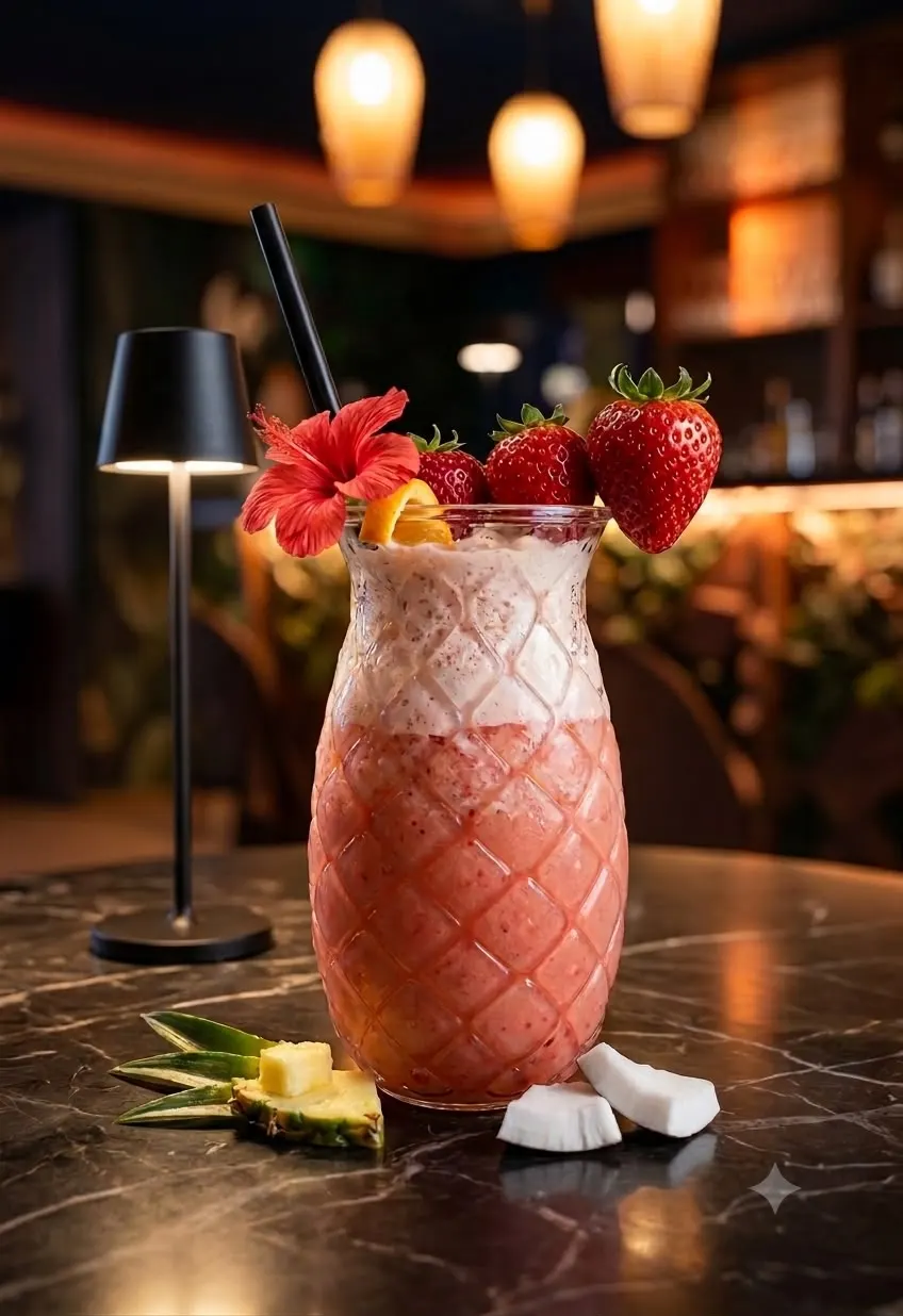 Erdbeer Piña Colada mit frischen Erdbeeren und roter Hibiskusblüte im geriffelten Glas in der Jungle Cocktailbar Radolfzell am Bodensee