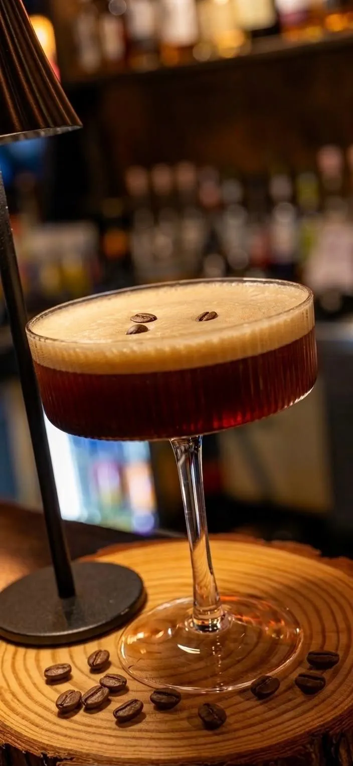 Espresso Martini mit cremigem Schaum und drei Kaffeebohnen im Glas an der Bar der Jungle Cocktailbar Radolfzell