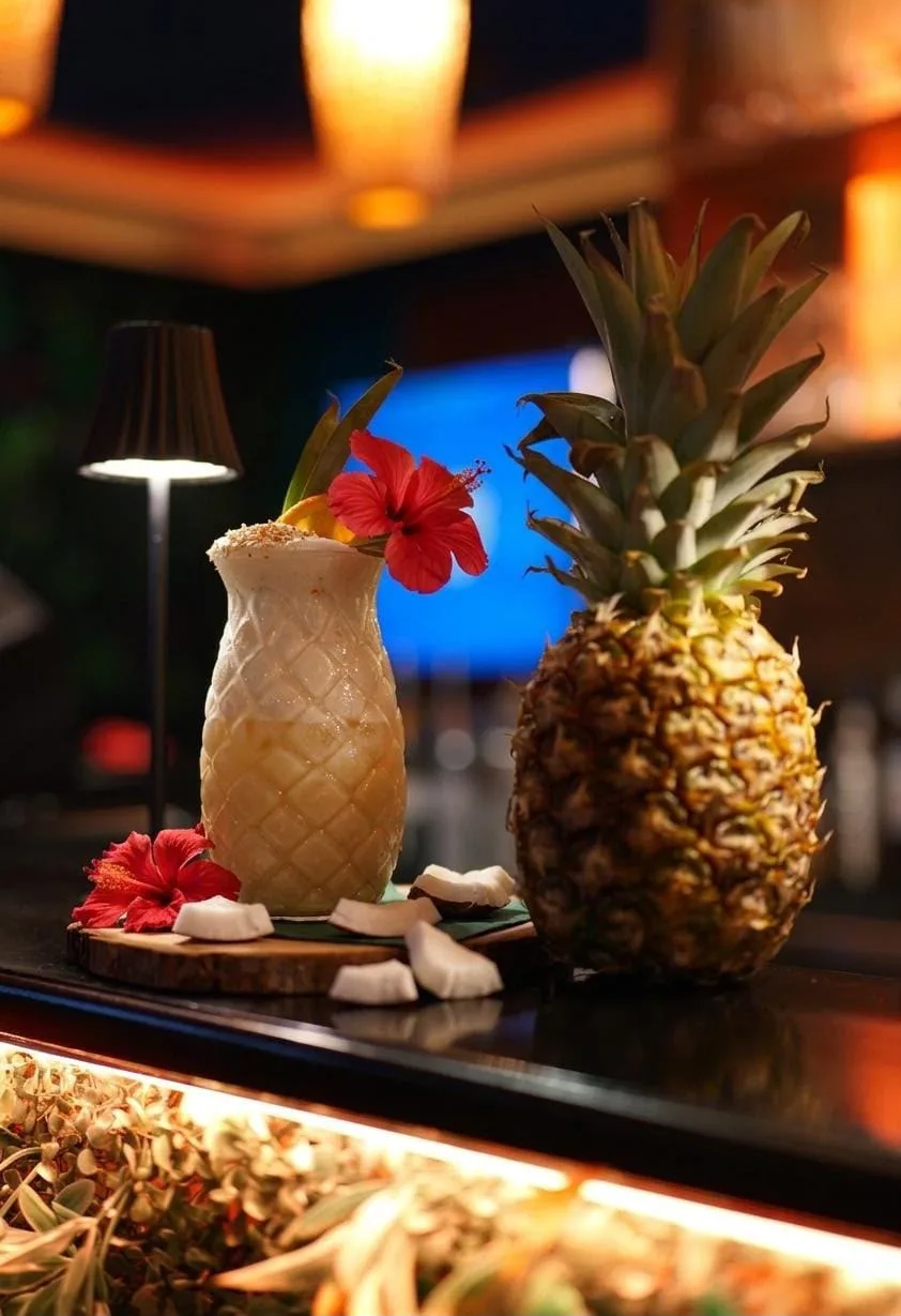 Cremige Piña Colada mit roter Hibiskusblüte im geriffelten Glas an der Bar der Jungle Cocktailbar am Bodensee